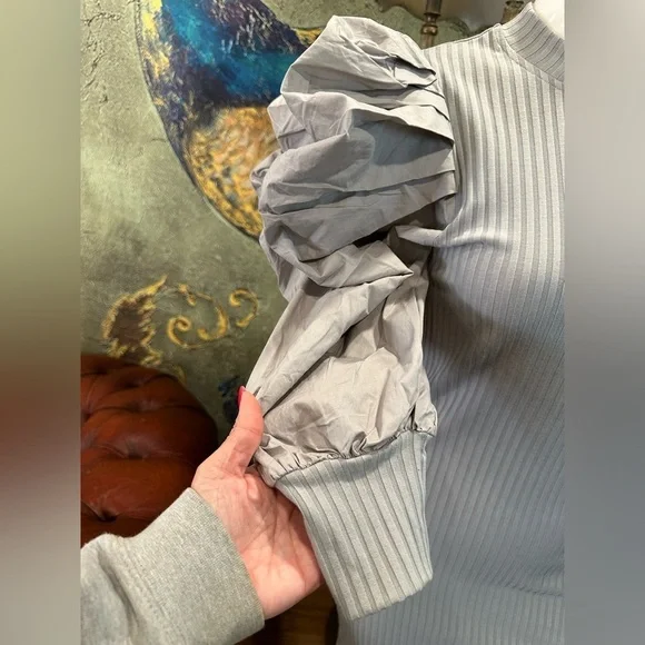 Athina Dramatic Puff Sleeve Ribbed Knit Mini Dress - Minimalist Glam - Picture 12 of 16